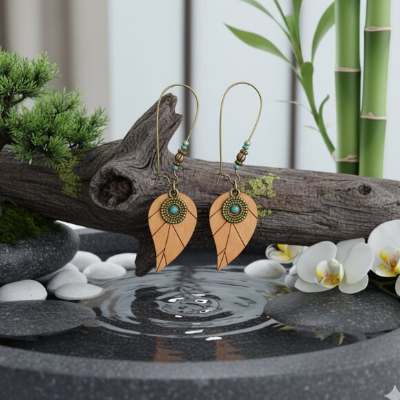 ποΈRustic Boho Chic Wooden Leaf Earrings with Copper Beads & Turquoise Charm - Picture 6 of 10